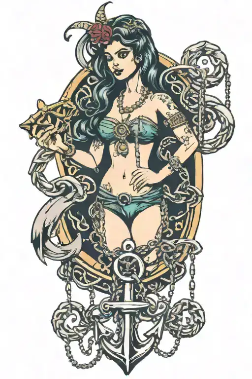 A Siren Holding A Chain Attached To An Anchor