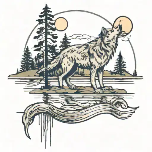 Wooded Lake With Wolf Howling At The Moon