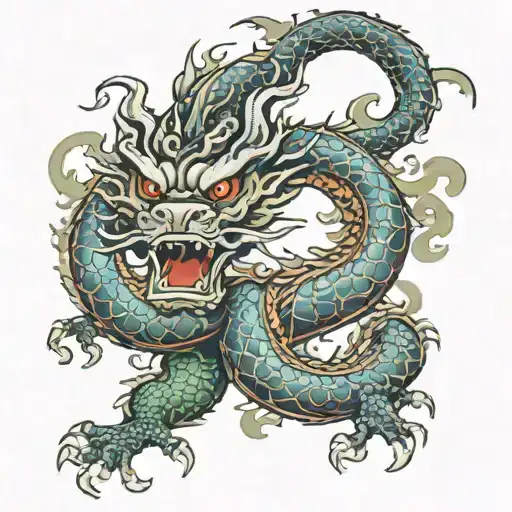 A Chinese Dragon Writhing Around Hieroglyphs Of Strength And Luck