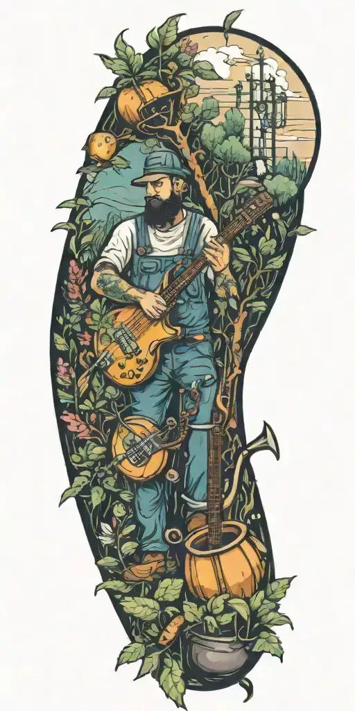 A Tattoo Showcasing A Landscaper Working In A Garden Filled With Musical Instruments