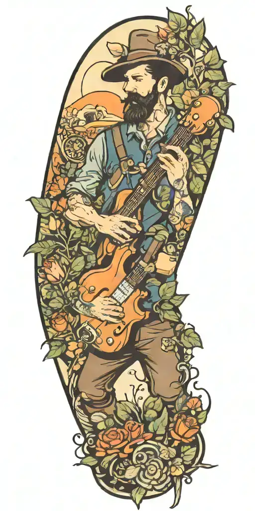 A Tattoo Showcasing A Landscaper Working In A Garden Filled With Musical Instruments