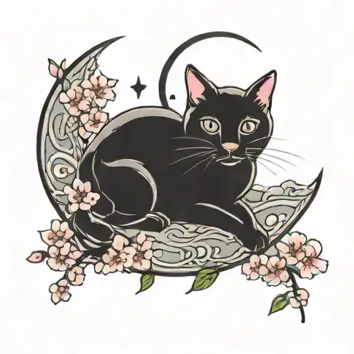 Cat On Moon Cherry Blossom