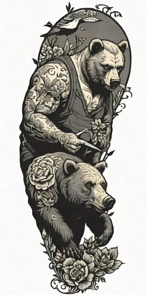 A Tattoo Showcasing A Man Bear Pig Working In A Garden Filled With Crows