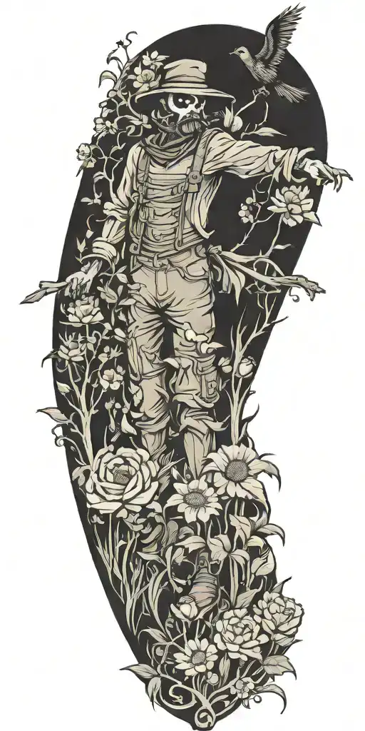 A Tattoo Showcasing A Scarecrow Working In A Garden Filled With Crows