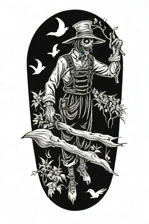 A Tattoo Showcasing A Scarecrow Working In A Garden Filled With Crows