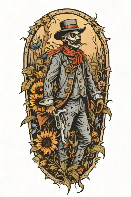 A Tattoo Showcasing A Scarecrow Working In A Garden Filled With Crows