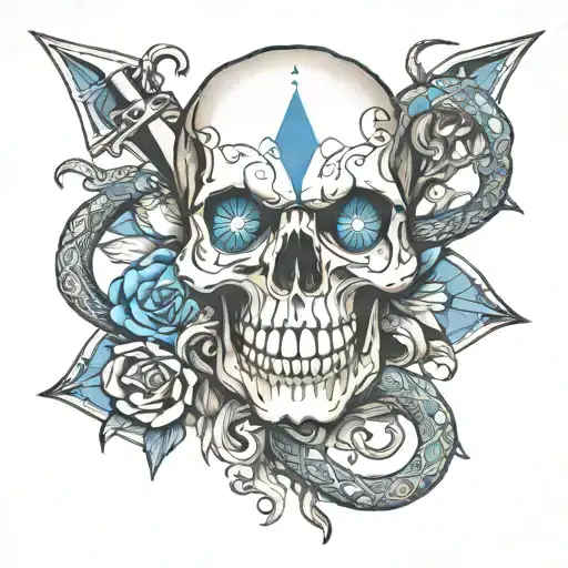 Skull With Blue Eyes British Inspired Daggers And Snakes