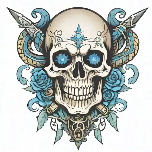 Skull With Blue Eyes British Inspired Daggers And Snakes