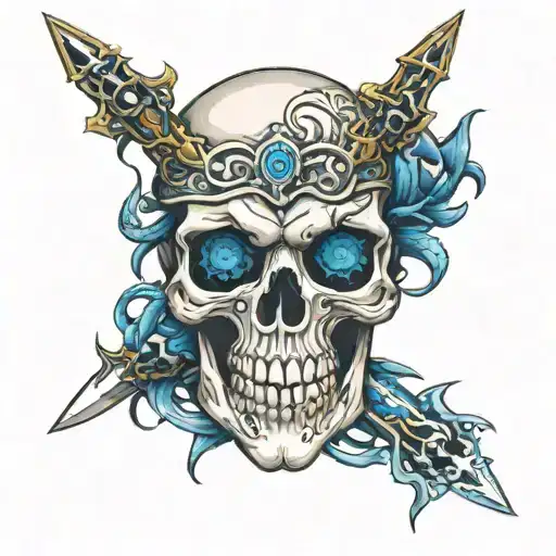 British Inspired Warrior Skull With Blue Creepy Eyes And Daggers And Snakes In The Background