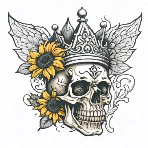 Skull Wearing Crooked Crown With Sunflower Background