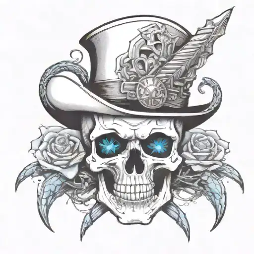 British Inspired Warrior Skull With Creepy Blue Eyes And Daggers And Snakes In The Background