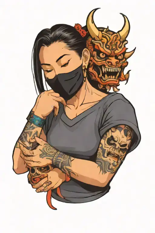 Woman Removing An Oni Mask