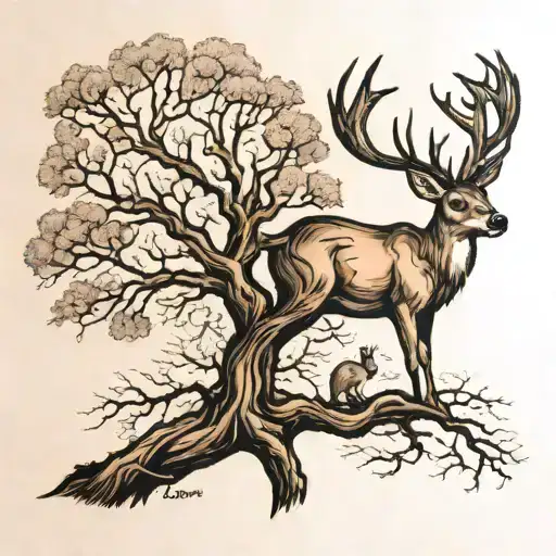 Tree With Deer In Tree Branches