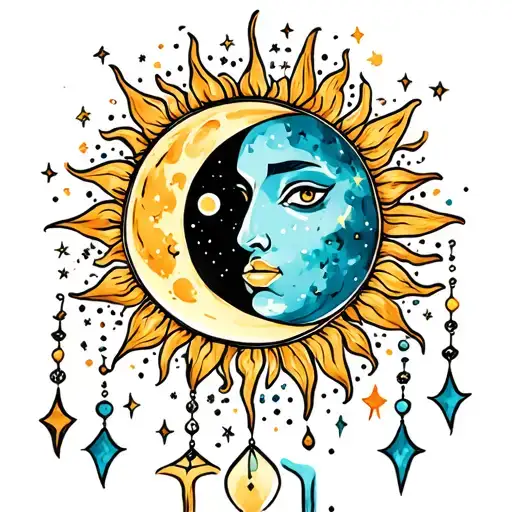 Moon And Sun Merging With Stars Hanging Down