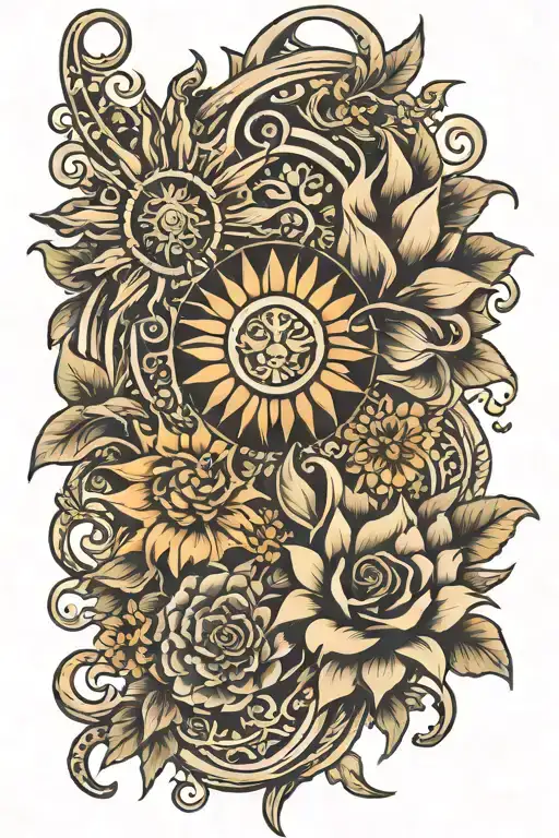 Western Spine Tattoo With Sun And Flowers