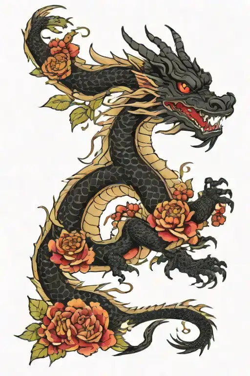 Black Japanese Dragon With Flowers Growing