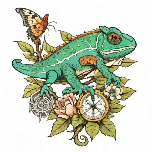 A Chameleon With Sword Flowers And The Saint Benedict Medal With A Dragonfly