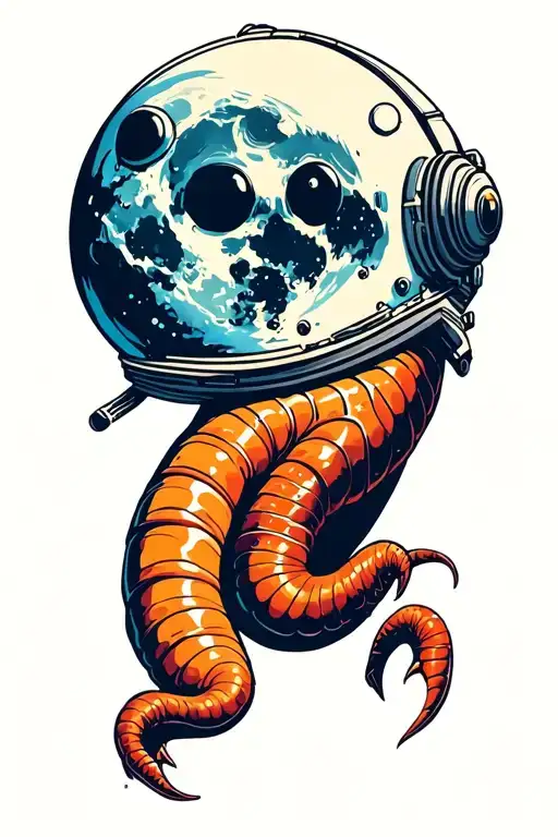 Wes Anderson Style Earthworm Wearing A Space Helmet Floating In Front Of The Moon