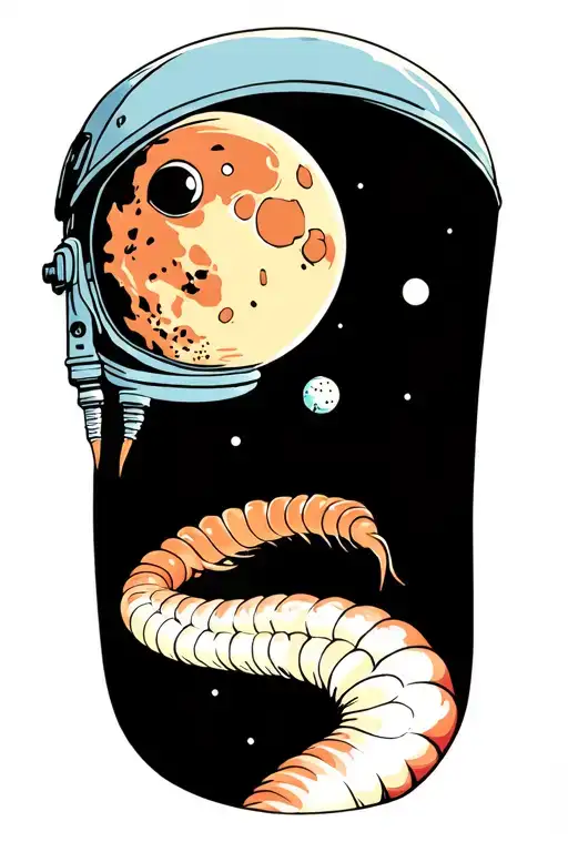 Wes Anderson Style Earthworm Wearing A Space Helmet Floating In Front Of The Moon