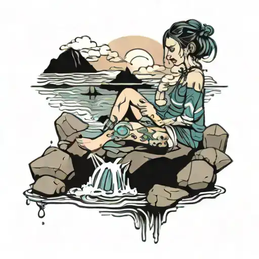 A View Of Water And Rocks Sky And A Girl Sitting A Dock