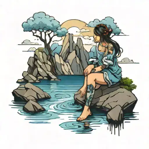 A View Of Water And Rocks Sky And A Girl Sit Alone