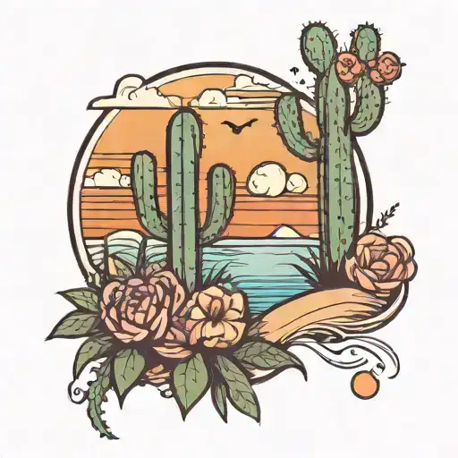 Cactus And Beach Sunset Background