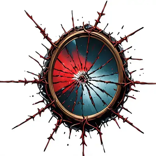 Broken Mirror With Blooded Shards Coated Barbed Wire Wrapped Around Its