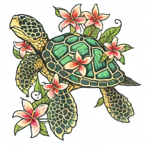 Real Sea Turtle With Bright Colored Plumeria