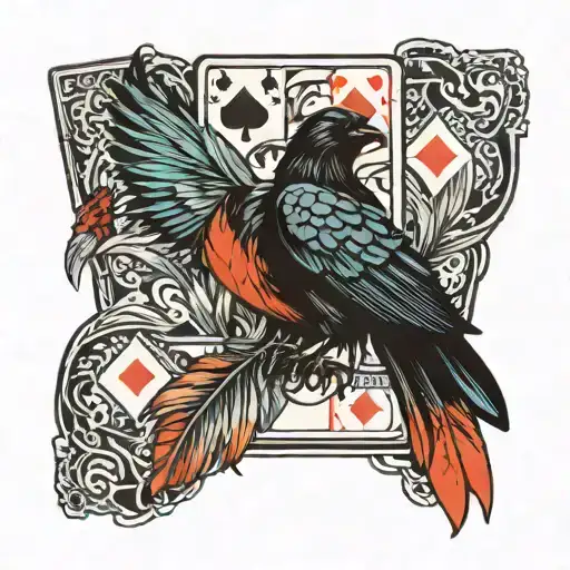 Crow Feathers Falling Along With Playing Cards