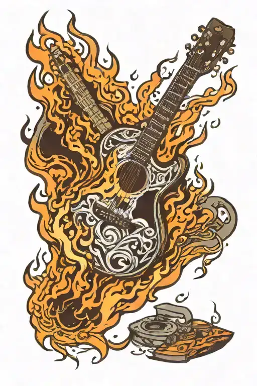 Guitar Burning In A Campfire Surrounded