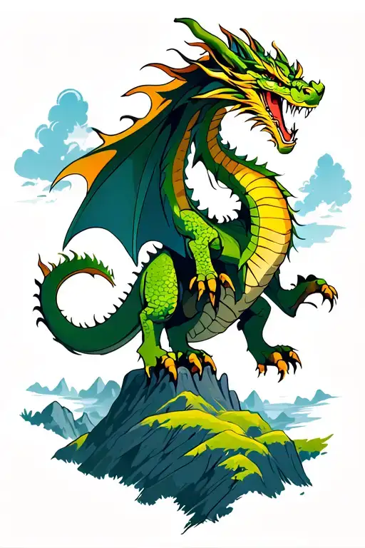 Dragon Standing On Mountain Overlooking Vast Green Meadow