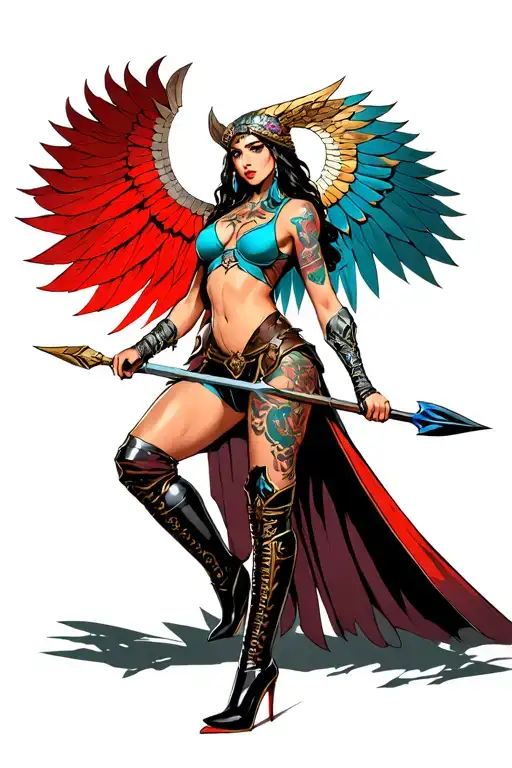 Beautiful Valkyrie Warrior With A Spear In High Heeled Boots Busty