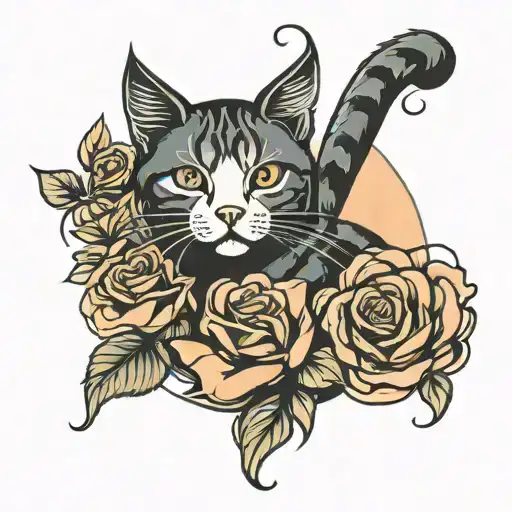 Cat With Roses Growing Tattoo