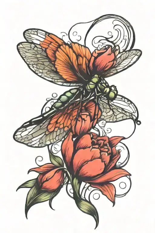 Dragonfly Flying Next To Tulip