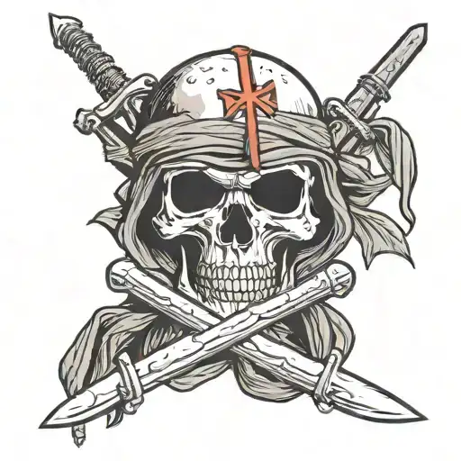 Skull Wearing Combat Helmet And Shemagh Scarf With Crossed Swords