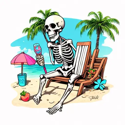 A Skeleton Enjoying A Day At The Beach With Miami Vice Inspired Colors