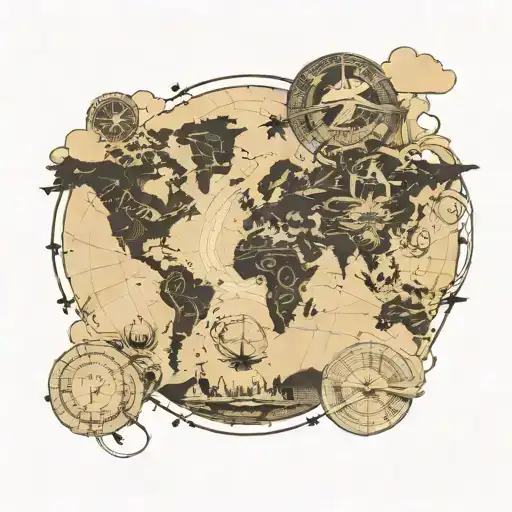 World Map With An Airplane Traveling Around