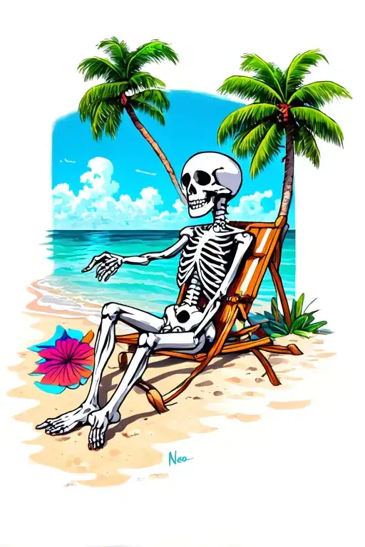 A Skeleton Enjoying A Day At The Beach With Miami Vice Inspired Colors