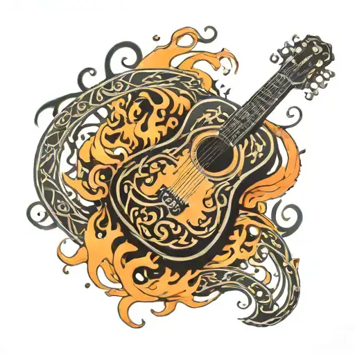 A Neotraditional Tattoo Of A Guitar With Intricate Flame Patterns As The Strings