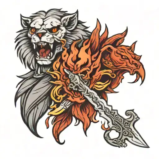 Dry Skull Knife Blood And Lion And Phoenix
