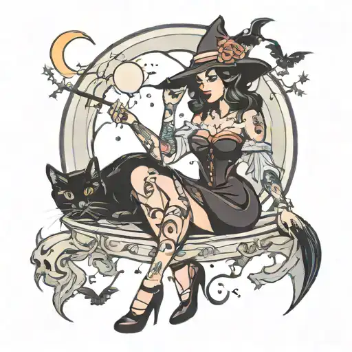 Witchy Pinup Woman With Black Cat And Bats And A Moon Behind Her