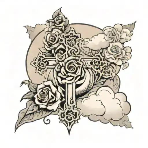 Christian With Cross And Roses And Clouds Surrounding