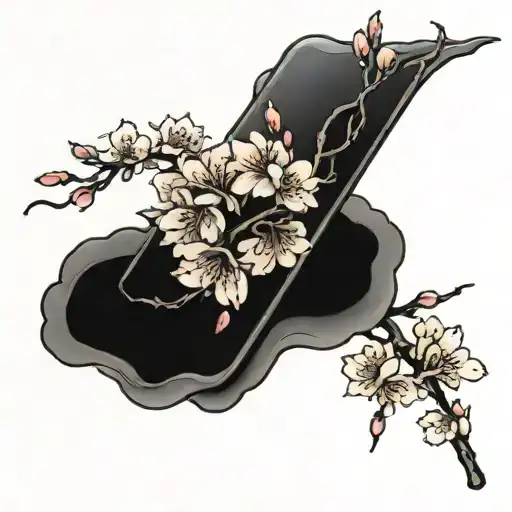 Cherry Blossoms Over A Solid Black Rectangle
