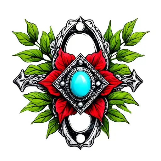Turquoise Western Broach With Black Marble Accents With Green Leaves Around And Red