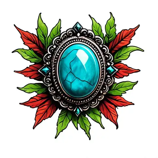 Turquoise Western Broach With Black Marble Accents With Green Leaves Around And Red