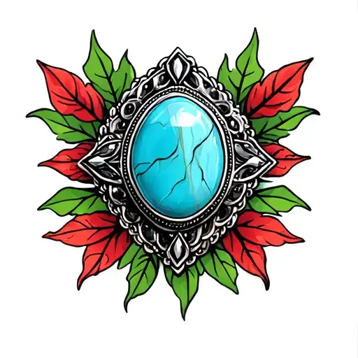 Turquoise Western Broach With Black Marble Accents With Green Leaves Around And Red