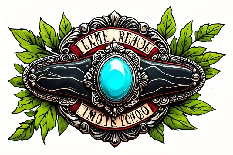 Turquoise Western Broach With Black Marble Accents With Green Leaves Around And Red
