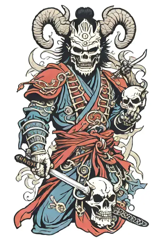 Samurai With Wendigo Skull Face Surrounded