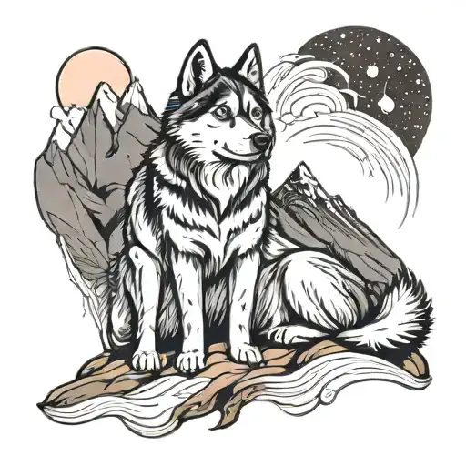 2 Husky Sitting On A Mountain At Night