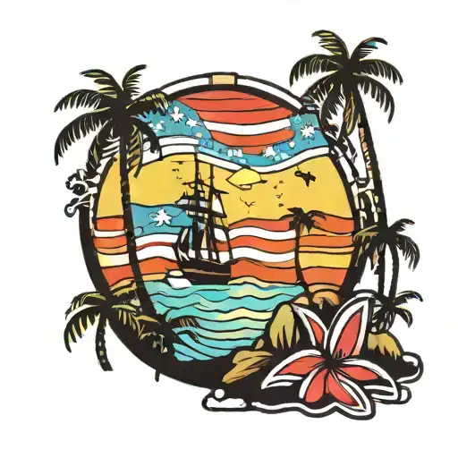 Puerto Rican Flag Flowing By Palm Trees Colors Sunset